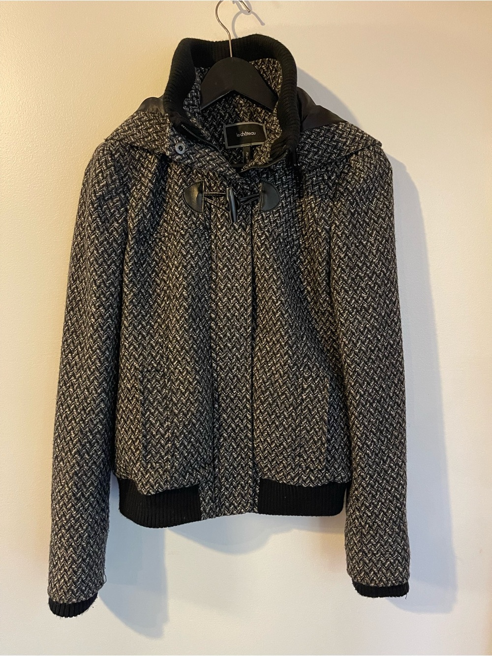 Le Chateau Herringbone Tweed Hooded Toggle Jacket Zip Up Coat Size S